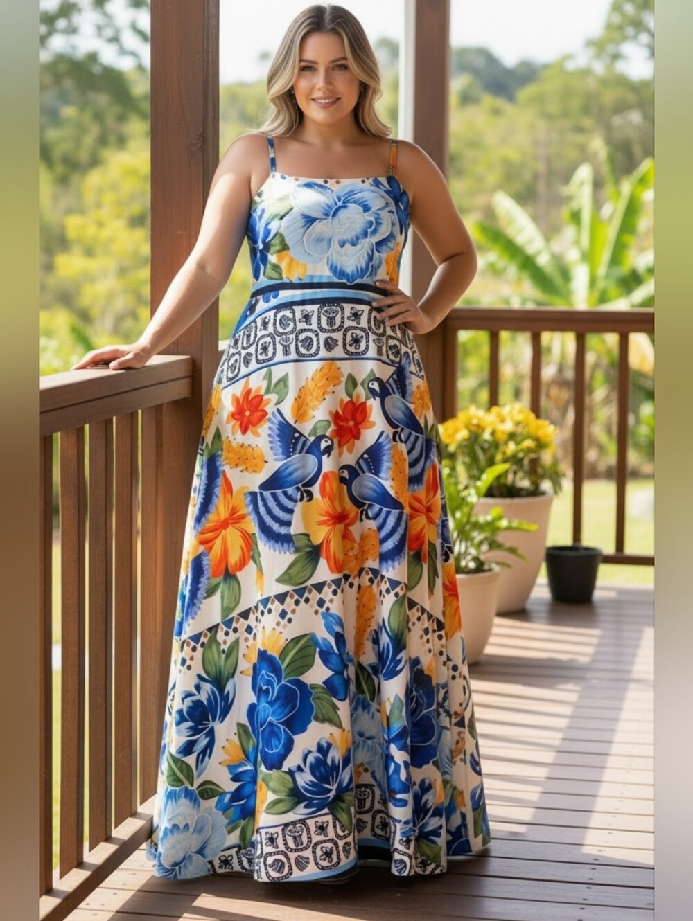 Plus Size Tropical Floral Bird Print Smocked Back Square Neck Artsey Maxi Dress
